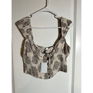 H&M Smocked Crop Top Square Neck Tie Front Paisley Print Boho Festival